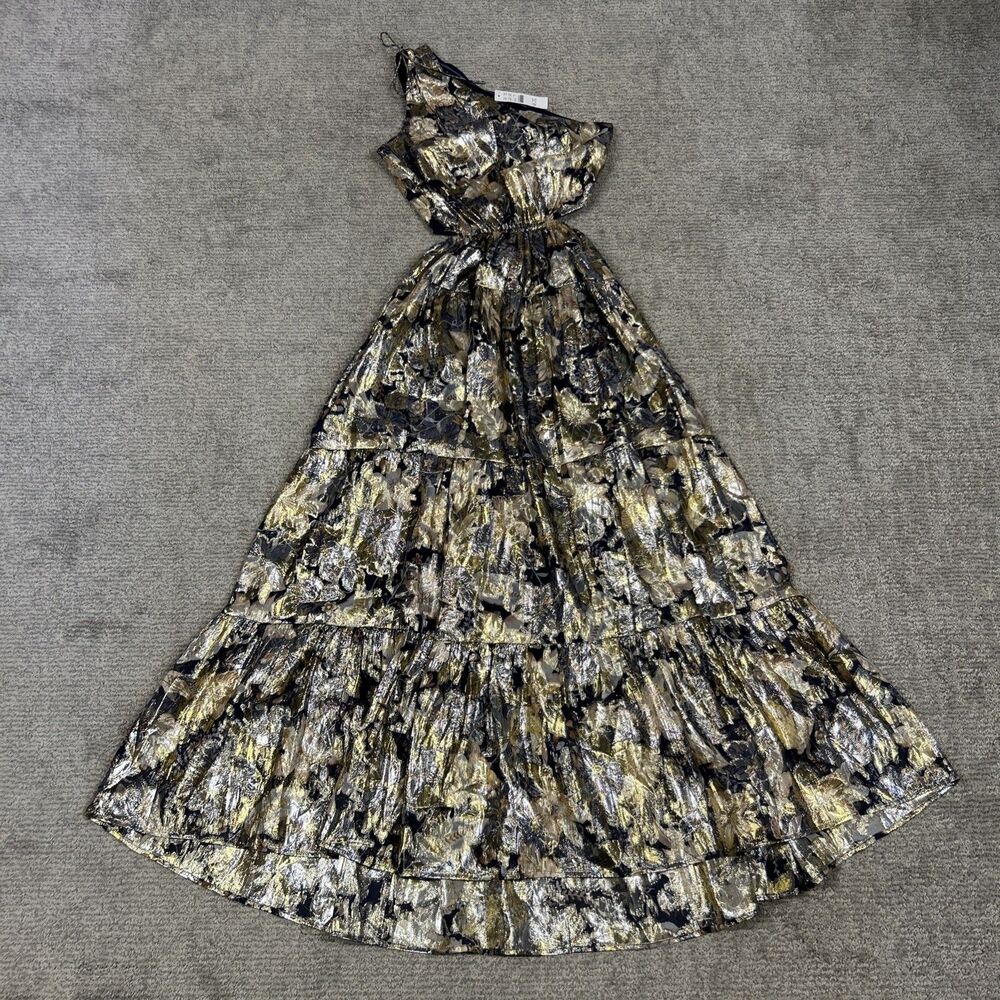 J Crew Collection Dress Womens 0 One Shoulder Silk Lurex Metallic Lily Swirl New